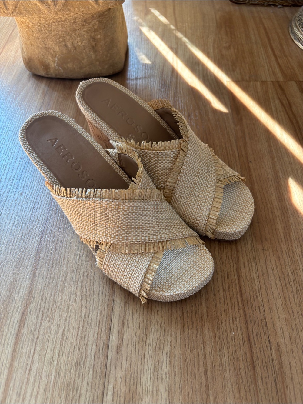 AEROSOLES Madina Wedge Beige Woven Sandals Mules in Sand Raffia Size 8.5